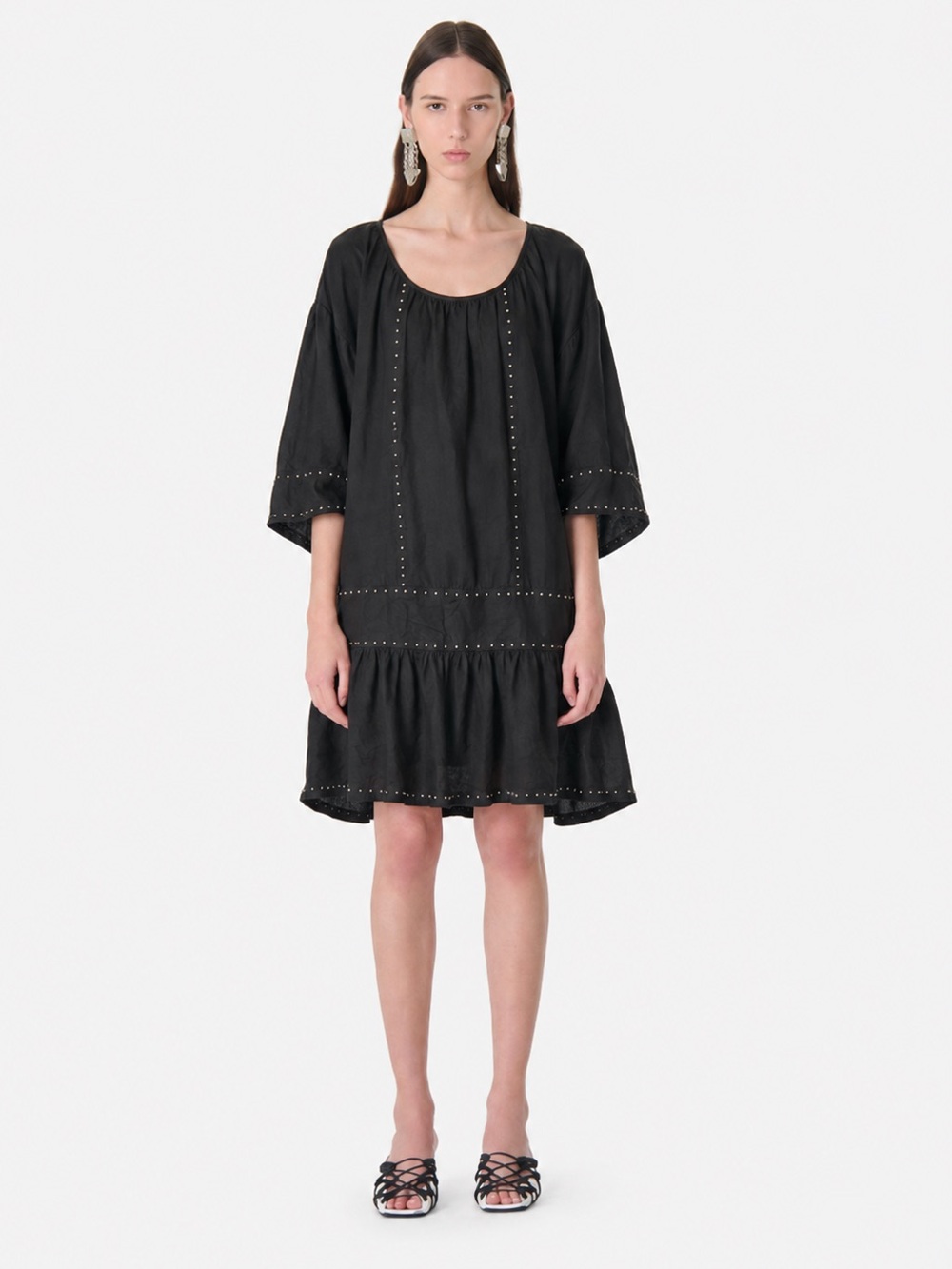 IRO Paris Black Studded Linen Blend Shift Dress | FR 34 US 2 XS | Boho Luxury